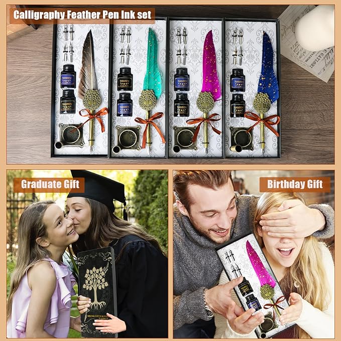 Feather Pen and Ink Set,quill pen ink set,Antique Calligraphy Pen with 4 Replaceable Nibs,2 Bottle of ink,Pen Holder Christmas Gift for Men&Women.(Green)