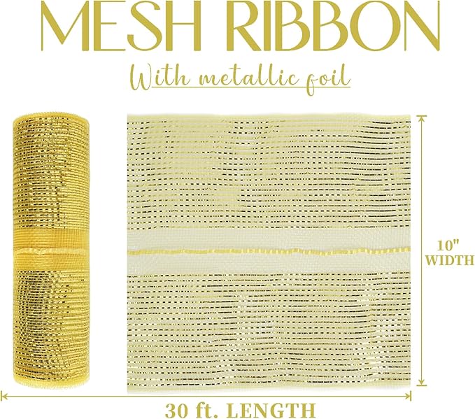 MEEDEE Gold Deco Mesh 10 Inch Deluxe Wide Foil Metallic Pull Up Mesh Yellow Gold Decorative Mesh Ribbon for Christmas Tree, Wreaths, Garland, Gift Wrapping, Bows Making (30 Feet)