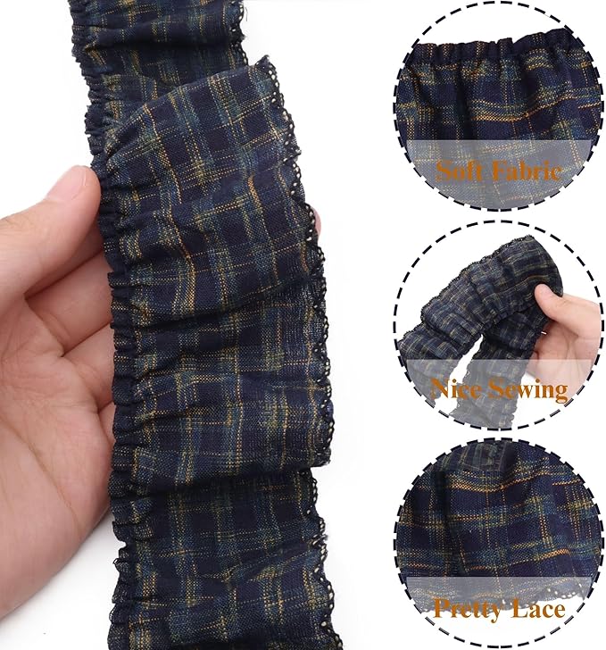 Gingham Ruffle Lace Trim Pleated Lace 5 Yards Gathered Gingham Fabric Edge Ribbon Trim for Dresses, Wedding Gowns, Crafts, Home Decor (Black)