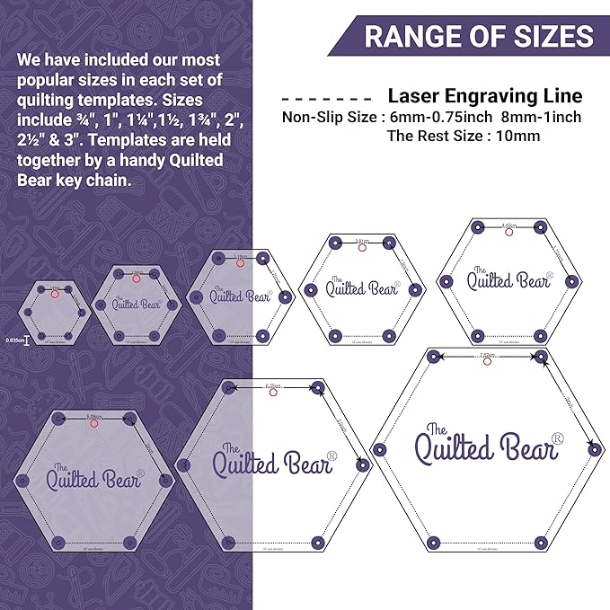 The Quilted Bear Hexagon Quilting Templates – 8 Clear Non-Slip Acrylic Quilt Templates for Precise Fabric Cutting & Stress-Free Machine Quilting - Ideal for Quilt & Sewing Supplies (¾–3")