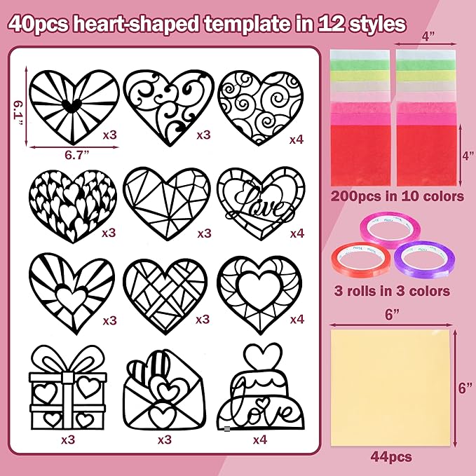 Renbuzhu 40PCS Valentines Day Crafts: Paper Heart Suncatchers, Valentine's Classroom DIY Kits, Window Stained Glass Effect Art Supplies