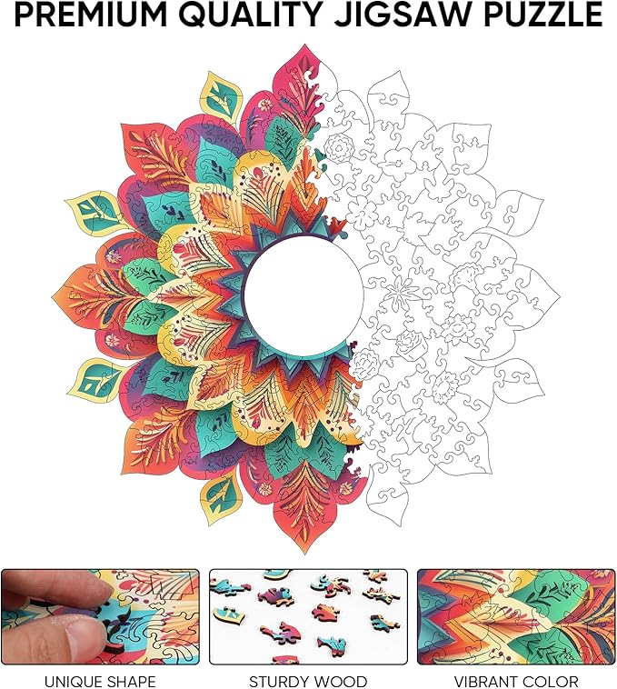 Wooden Puzzles for Adults, Hollow Mandala Wooden Jigsaw Puzzles 200 Pieces, Unique Design Adult Puzzles, Family Brain Game Gift, 11.2x11.3 inch