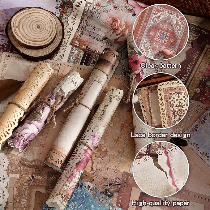 66 Sheets Lace Edged Scrapbook Paper Set, 6 Packs Vintage Decorative Paper Scrapbooking Supplies for Letter Writing Background Stationery Ephemera for Junk Journaling, DIY Art Collage 4.9x6.9 IN