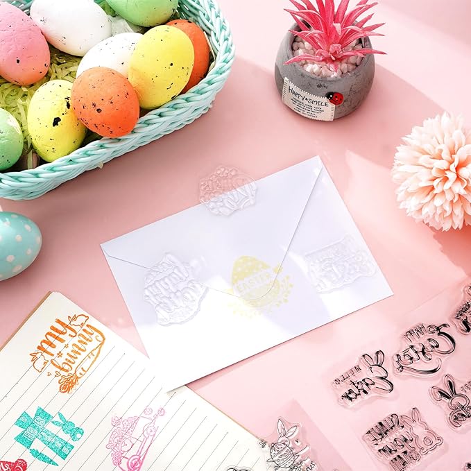 Whaline 5 Sheet Easter Clear Stamps Bunny Rabbit Egg Gnome Words Silicone Transparent Stamps Border Rubber Stamp Cards for DIY Crafts Card Making Scrapbooking Album Supplies