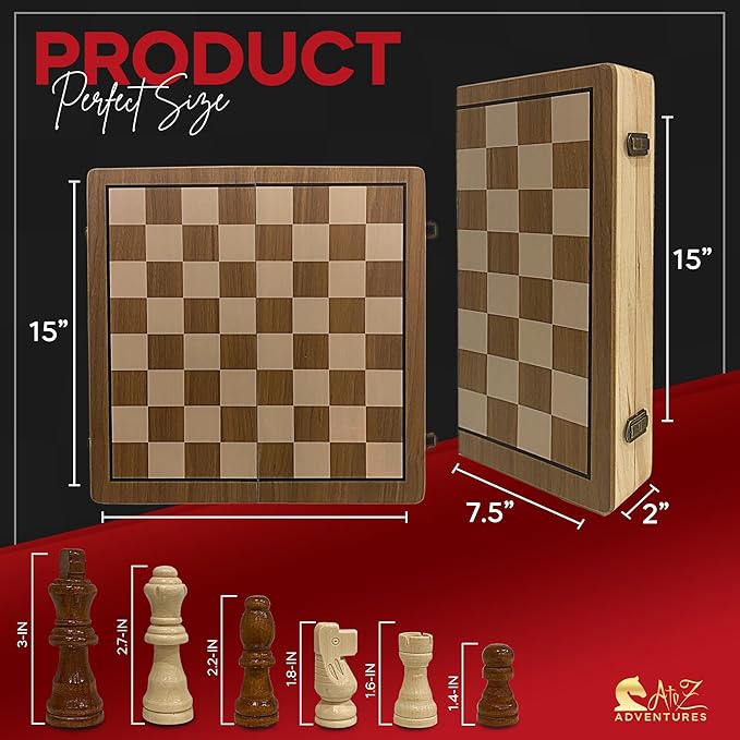 Magnetic Chess Set with Checkers - 15" (2 in 1) Folding Wooden Chess Sets for Adults & Kids with 2 Extra Queens | Travel Chess Board Game Set with Chess Pieces Storage Slots, Luxury Gift with Storage