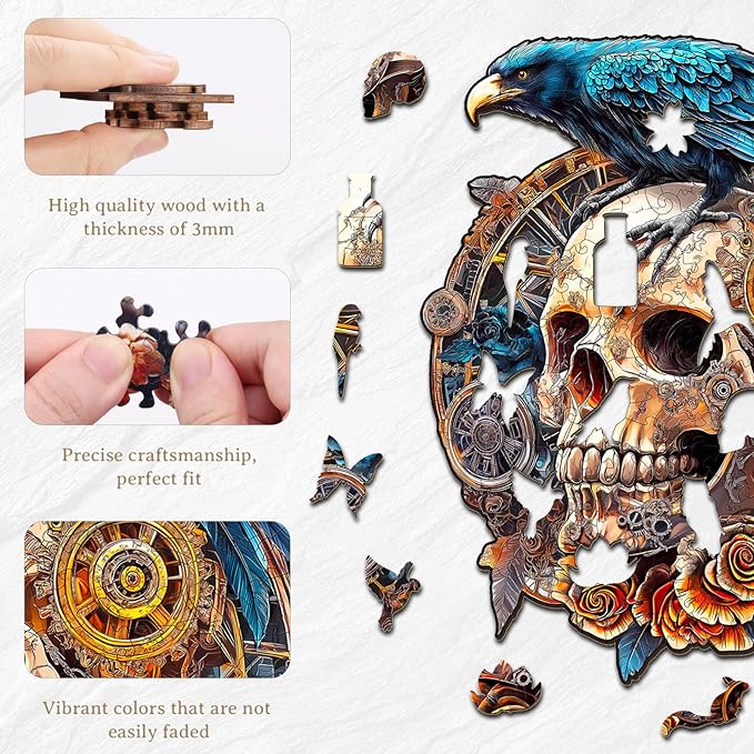 KAAYEE Wooden Puzzles for Adults, Raven & Mechanical Skull Wooden Jigsaw Puzzle 355 PCS Unique Shape Wood Puzzles Adult, 3D Visual Effect Flat Puzzle Birthday Gifts Family Games (XL-17.3 * 15.4in)