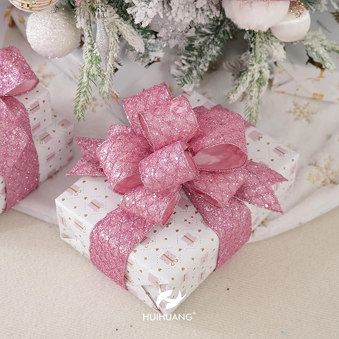 HUIHUANG Pink Wired Christmas Ribbon 4 inch Light Pink Glitter Wired Ribbon Diamond Mesh Wire Ribbon for X-mas Tree Decorations, Wreaths, Garland, Large Bows Making, Home Decor -10 Yards