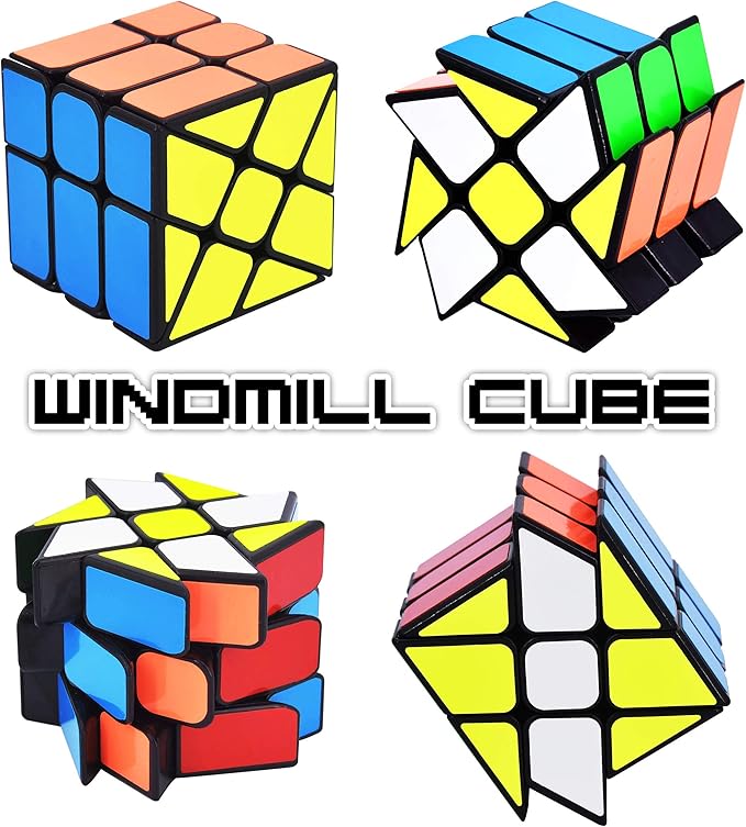 JoyTown Speed Cube Set of 2 Bundle Pack Windmill Cube Magic Puzzle, YJ Axis V2 New Version Fluctuation Angle Twisty Puzzle, Odd 3x3 Speedcubing with Bonus Stands Black