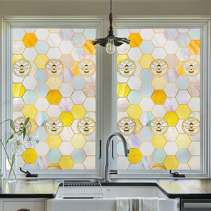 3D Stained Glass Window Privacy Film, Heat Control UV Blocking Static Cling Decorative Window Film for Bathroom,Front Door,Home Non Adhesive,35.4 x 78.7 inches Honey