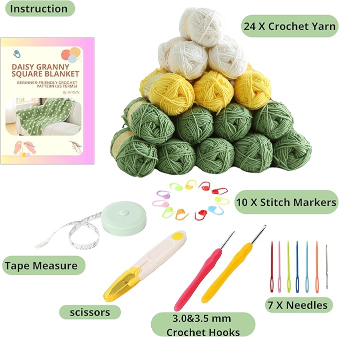 CSWCS Crochet Blanket Kit for Beginners, Daisy Granny Square Throw Kit for Adults, Easy Learn How to Knitting with Yarn & Hook, Complete Starter Set with Step-by-Step Instructions (39" x 31")