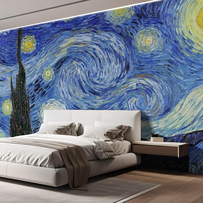 wall26 Wall Sticker/Wall Mural Starry Night by Vincent Van Gogh Dutch Impressionism, Not Peel and Stick, Non-Woven Wallpaper Decorative for Bedroom, Living Room, Office - 100x144 inches