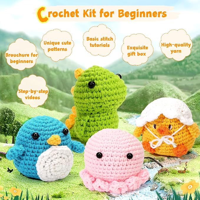 Crochet Kits for Beginners, Beginner Starter Sets with Step-by-Step Video Tutorials - Ideal Gift for Adults, Kids, Crochet Lovers, Ideal Gift for Birthday, Christmas, 4 Cute Patterns with Extra Yarn