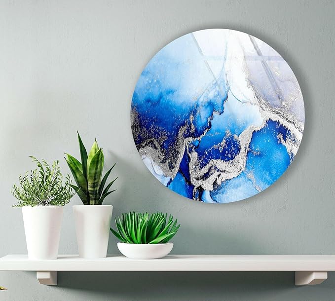 My Photostation.com 24''(60cm) Diameter Blue Marble Round with Silver Details Glass Wall Art Tempered Glass Printing Wall Decor Large Wall Art Wall Hangings