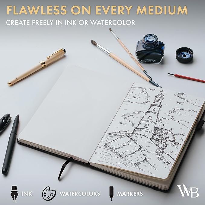 Wordsworth & Black A5 Mixed Media Journal 96 Mix Pages, Hardcover Leather, 190 GSM Paper, Journaling Notebook for Work & Sketching, Journals for Women, Men - Gifts Box Included Black