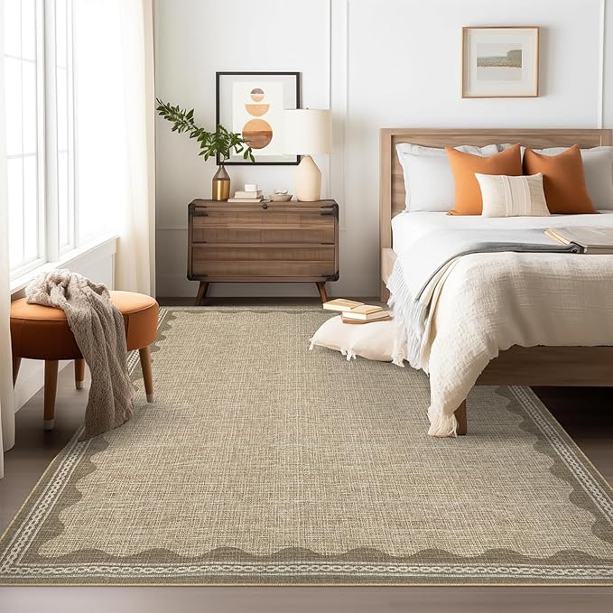 Scalloped 3x5 Rugs for Entryway, Small Area Rug Solid Jute Rug for Bedroom Girls, 3x5 Washable Rugs for Living Room, Non Slip Scalloped Bath Mat, Soft Dorm Nursery Carpet for Bedside