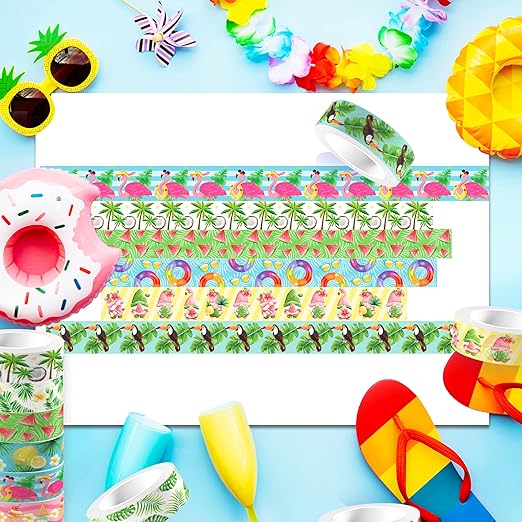 Summer Washi Tape 12 Rolls Aloha Masking Tape Hawaiian Theme Decorative Paper Stickers Flamingo Lemon Watermelon Tape Sticker,for DIY Crafts and Scrapbooking