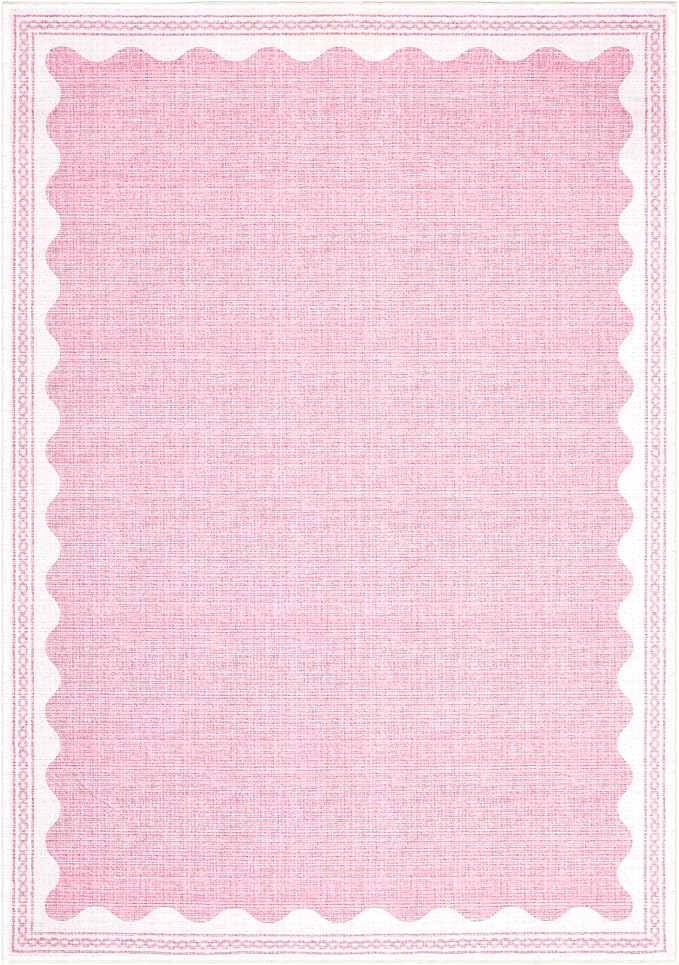 Scalloped Washable Rugs for Living Room, Solid Pink 6x9 Area Rugs for Bedroom Girls, Non Slip Scalloped Rug with Rubber Back, Soft Dorm Nursery 6x9 Rugs for Dining Room