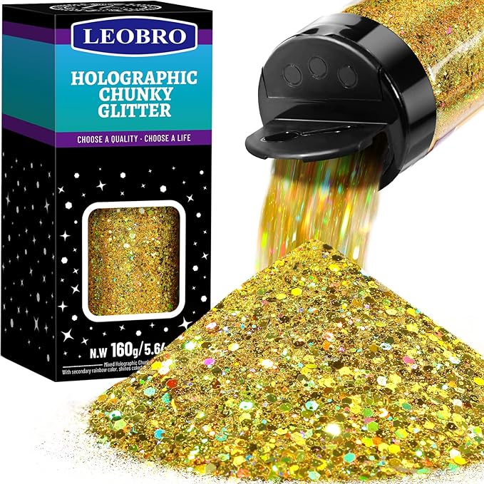 LEOBRO Gold Glitter, 160g/5.64oz Holographic Chunky Glitter for Crafts, Resin, Nail Body, Tumblers, Party Decorations