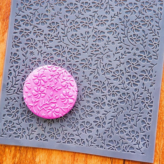 Arbuya Flowers Polymer Clay Texture Mat - Floral Swirls Leaves Texture Sheet for Polymer Clay Jewelry Making, Earring Charms, DIY Craft Supplies