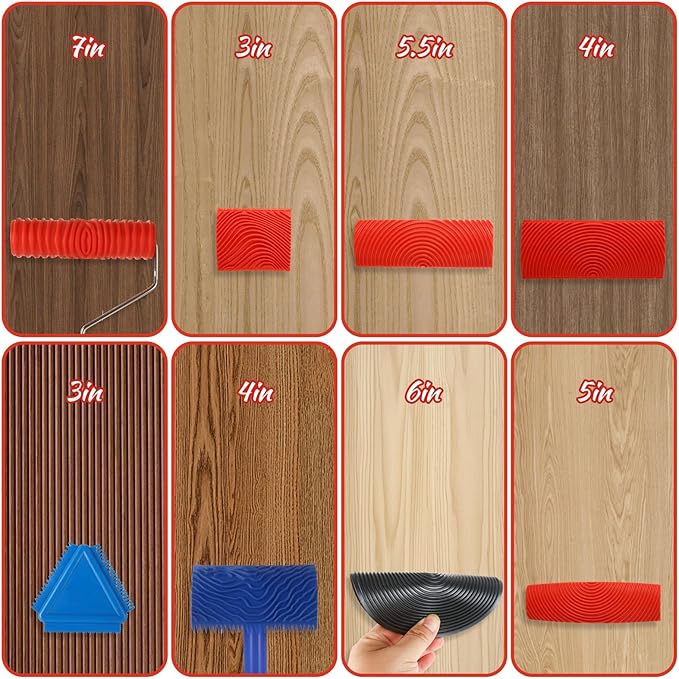 8 PCS Wood Grain Tool Set, 7" Textured Pattern Roller with Handle, Rubber Wood Graining Tool for Wall Floor Furniture Wood Pattern Art Decoration