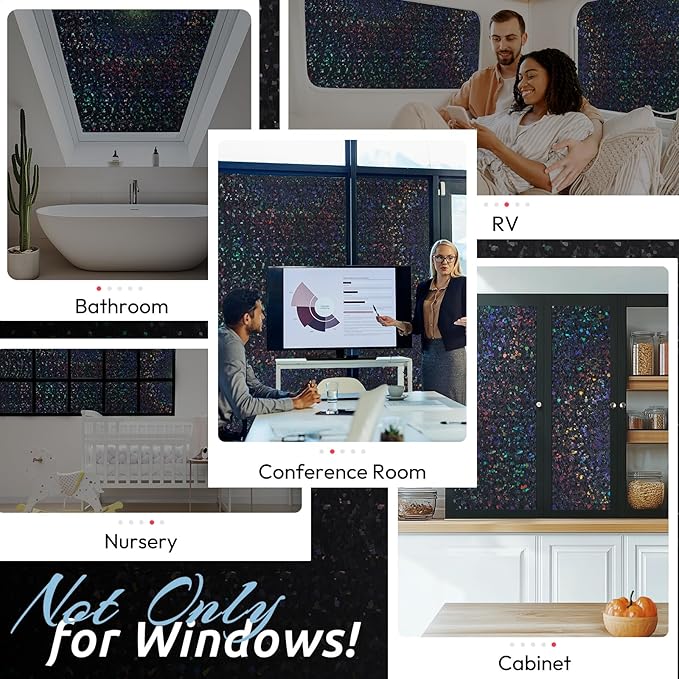 rabbitgoo Blackout Rainbow Window Privacy Film Decorative Stained Glass Diamond Pattern Window Sticker with Iridescent Tint Non-Adhesive Static Cling for Home Office Bathroom, 17.5 x78.7 inch, Black