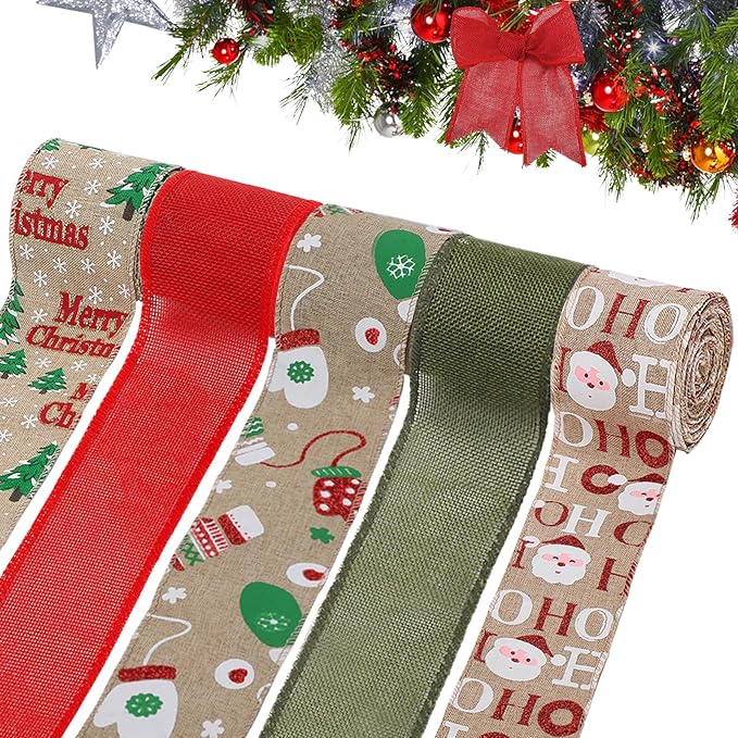 5 Colors Wreaths Burlap Ribbon- Total 27.3yards Christmas Xmas Wired Edge Ribbon for Gift Wrapping Bows Rustic Crafts Supplies Weddings Holiday Decorations - 2.4in Wide