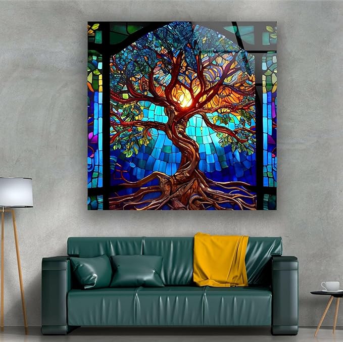 My Photostation.com 28Wx18H'' Stained Blue Life of Tree Glass Wall ArtTempered Glass Printing Wall Decor Large Wall Art Wall Hangings