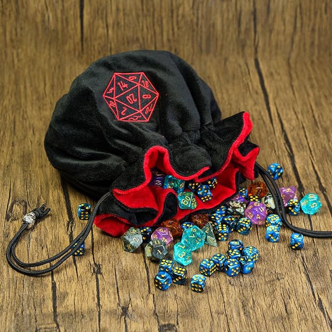 Large Dice Bags with Pockets Black Storage Bag with Drawstrings D20 Logo for DND RPG Game Dices - Capacity 200+ Dice