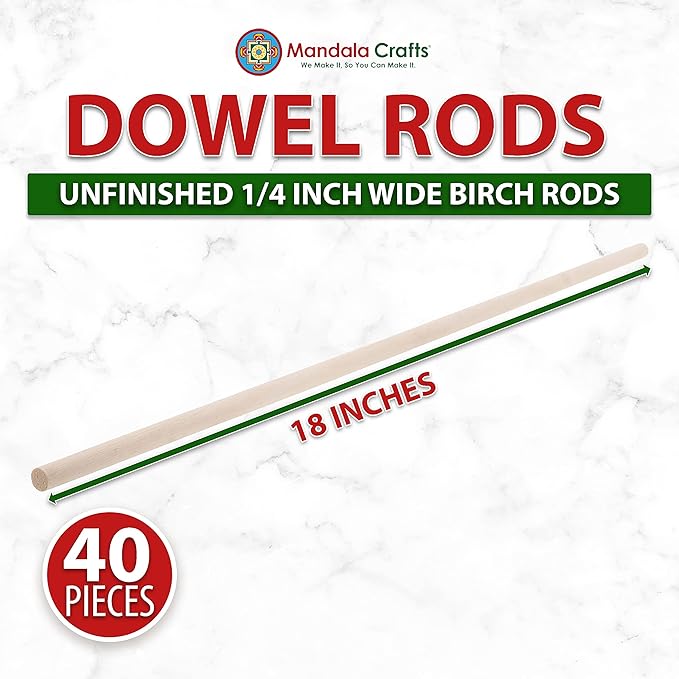 Mandala Crafts Wood Sticks Wooden Dowel Rods 18 Inches Wooden Sticks for Crafts Sticks Macrame Dowels - 40 Unfinished Wood Dowels 1/4 Inch Cake Dowels for Tiered Cakes