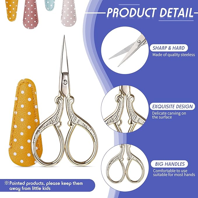 Honoson 4 Pcs Sewing Embroidery Scissors with 4 Pcs Artificial Leather Cover 3.6 Inch Stainless Steel Stork Scissors Vintage Embroidery for Needlework Manual Sewing Handicraft(Retro Colors)