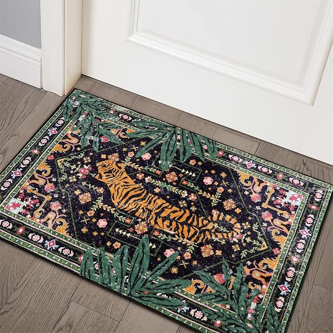Oriental Tropical Entryway Rugs Washable, Thin Black Boho Vintage Distressed Hippie 2x3 Throw Rugs for Bathroom Kitchen Indoor Doormat Non-Slip Abstract Botanical Tribal Indian Accent Carpet