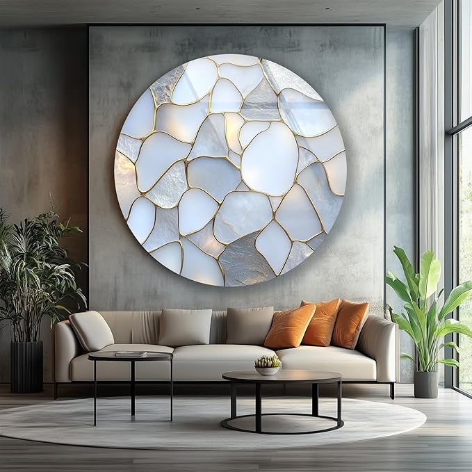 My Photostation.com 24''(60cm) Diameter White Stone Mosaic Round Glass Wall Art Tempered Glass Printing Wall Decor Large Wall Art Wall Hangings