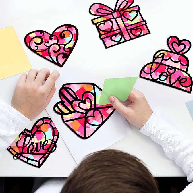 Renbuzhu 40PCS Valentines Day Crafts: Paper Heart Suncatchers, Valentine's Classroom DIY Kits, Window Stained Glass Effect Art Supplies