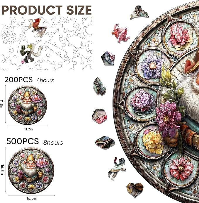 Wooden Puzzles for Adults, Gnome Puzzle 476 Pieces, Unique Shaped Jigsaw Puzzles for Adults and Kids, Birthday Gifts Fun Challenge Family Game 16.5'' x 16.5''