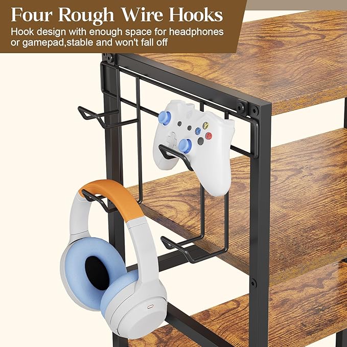 4-Tier AV Media Stand,Game Console Stand with 4 Hooks and Fabric Bags,DVD Shelf,Media Storage Cabinet,Audio Rack Record Player Stand Small Entertainment Center for Home Dorm, Apartment