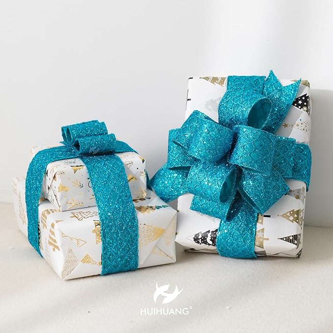 HUIHUANG Turquoise Glitter Wired Ribbon for Christmas Tree 2.5 inch Peacock Blue Diamond Mesh Ribbon for Tree Decoration, Wreaths, Garland, Gift Wrapping, Large Bows Making, Home Decor -10 Yards
