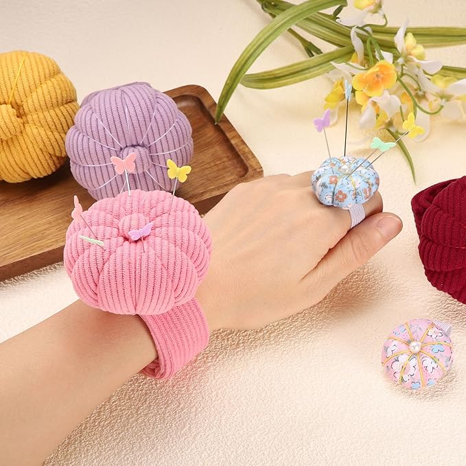 HARFINGTON Wrist Pin Cushions, Sewing Needle Pin Cushion Adjustable Strap with Elastic Strap Finger Ring Pincushions Fit All Wrist Sizes for Sewing Quilting Needlework DIY Crafts, Brown/Pink