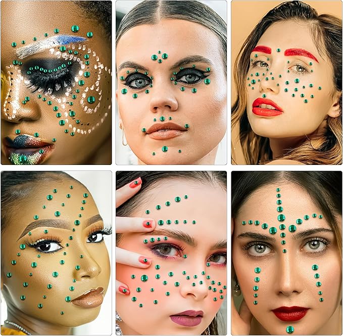 Self Adhesive Face Gems and Pearls for Makeup, Festival Jewels, Hair Gems Pearls, 3/4/5/6/8 mm Round Rhinestone Stickers for Face, Eye, Makeup, Body, Crafts 591Pcs (20_Dark Green)