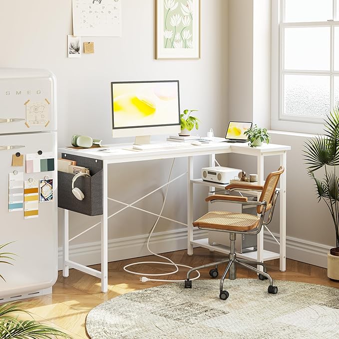 TIQLAB L Shaped Computer Desk with Power Outlets, 55 Inch Small Corner Desk with Reversible Shelves, Gaming Desk Computer Table Study Writing Desk for Home Office Small Space, White