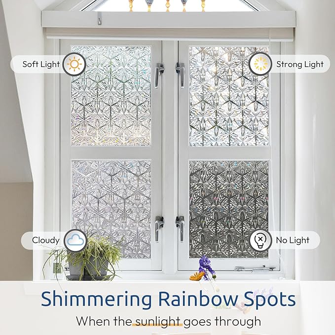 rabbitgoo Window Privacy Film Stained Glass Window Film, Decorative Stickers Removable UV Sun Blocking Clings Door Coverings, Diamond Pattern, 23.6 x 78.7 inches
