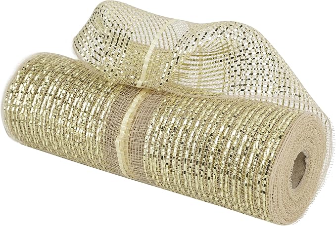 MEEDEE Champagne Deco Mesh 10 Inch Deluxe Wide Foil Metallic Pull Up Mesh Champagne Gold Mesh Ribbon for Christmas Tree, Wreaths, Garland, Gift Wrapping, Bows Making (30 Feet)