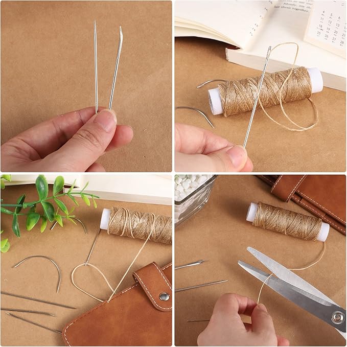 55Yards Waxed Thread with 7 Pcs Leather Needles for Hand Sewing 150D Flat Sewing Waxed Thread Leather Repair Needles for Sewing Upholstery Leather Canvas Bags Sofa Furniture(Khaki)