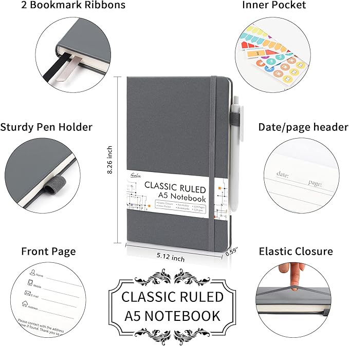 feela 5 Pack Journal Notebook Bulk for School, Hardcover Business Notebooks Classic Ruled Lined Journals with Pen Holder for Work Note Taking, with 5 Black Pens, 120 GSM, 5.1”x8.3”, A5, Gray
