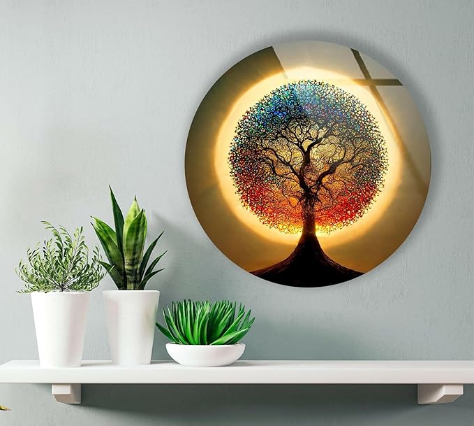 My Photostation.com 15.8''(40cm) Diameter Life of Tree Round Glass Wall Art Tempered Glass Printing Wall Decor Large Wall Art Wall Hangings