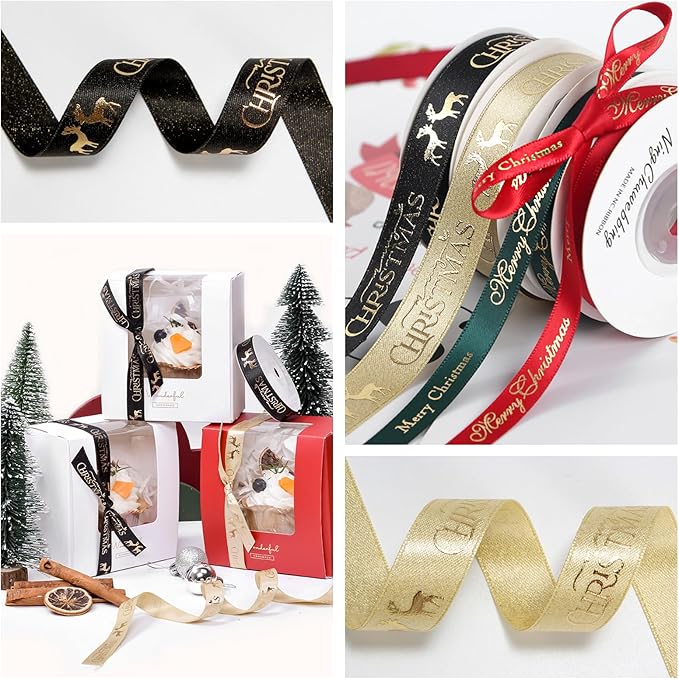 Christmas Gift Wrapping Ribbon, Red, Green, 2 Rolls Printed Grosgrain Ribbons for Crafts, Floral Bouquets, Sewing, Party and Festive Holiday Decor (2 Rolls(Black/Gold), 1 Rolls=5/8in * 5Yards)