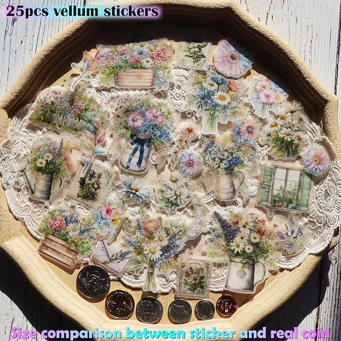 Vintage Vellum Stickers Floral Plants Elements Scrapbooking Supplies Flowers Botanic Natural Translucent Paper Self-Adhesive Junk-Journal Items (Spring Bouquet)