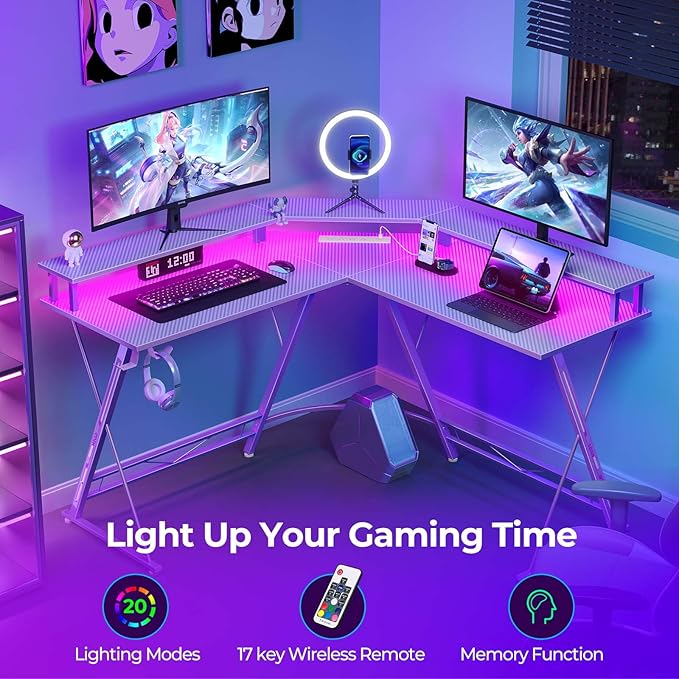 SEVEN WARRIOR Gaming Desk 50.4” with LED Light & Power Outlets, L-Shaped Gaming Desk Carbon Fiber Surface with Monitor Stand, Ergonomic Gamer Table with Headphone Hook, Purple