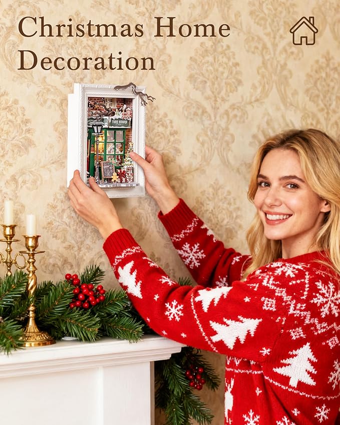 Rolife DIY Miniature House Kit, Mini Wooden Dollhouse Kit for Adults to Build, 3D Shadow Box Frame Home Wall Hanging Decor Diorama Kit, for Girls Women Teens-Santa's Toy Shop