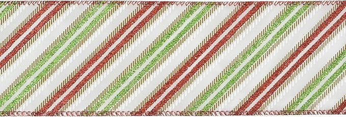 MEEDEE Red and Green Diagonal Striped Ribbon 2.5 Inch White Satin with Lime Green and Red Glitter Wired Ribbon for Christmas Tree, Garlands, Wreaths, Topper Bow (10 Yards)