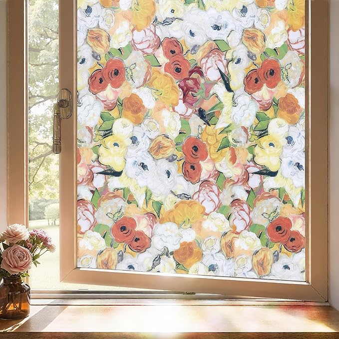Window Privacy Film, Frosted Glass Decorative Static Cling, Removable Sun Blocking Vinyl Covering, Window Film for Home Kitchen Living Room Bathroom, Oil Painting Flowers, 17.5" x 78.7 "